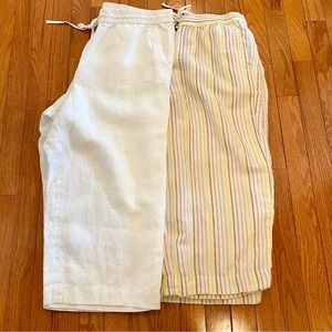 Talbots 2 pair of linen cropped pants drawstring waist white and striped PL